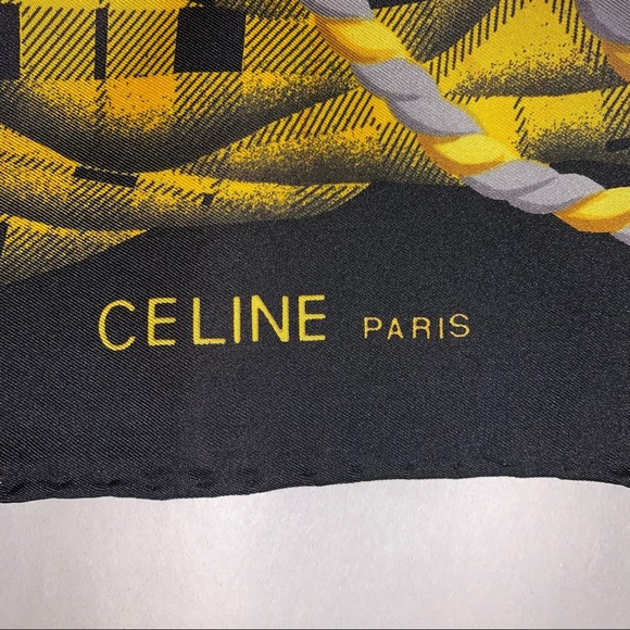 CELINE gold/black tartan plaid SILK TWILL scarf signature MACADAM logo at center - Picture 8 of 11